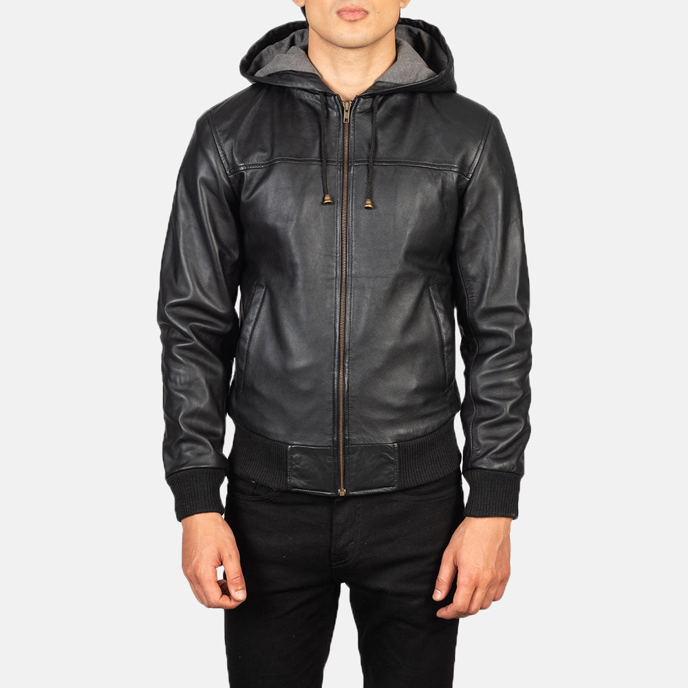 【BALR.】2way HOODED LEATHER BOMBER JACKET Men's Nintenzo Black Hooded Leather Bomber Jacket – The Jacket Maker